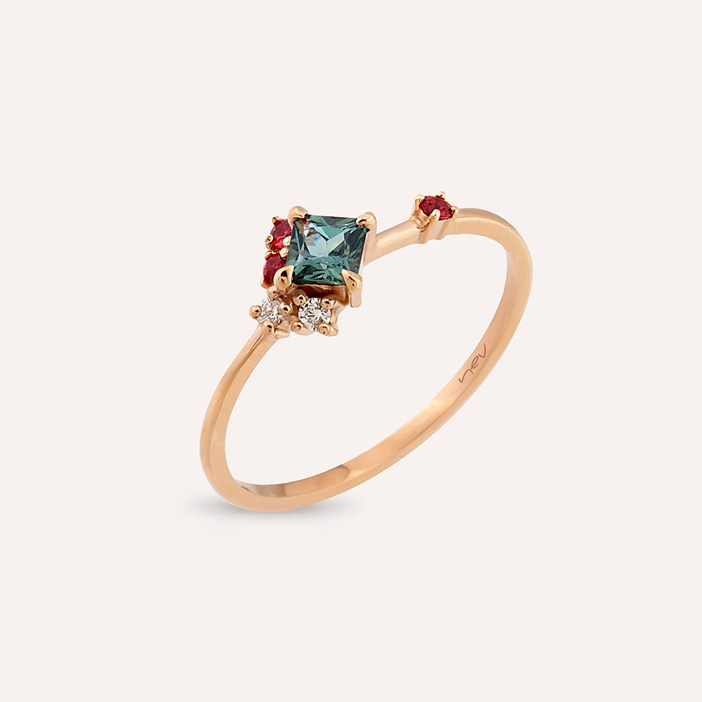 0.42 CT Pırlanta ve Multicolor Safir Taşlı Rose Altın Yüzük