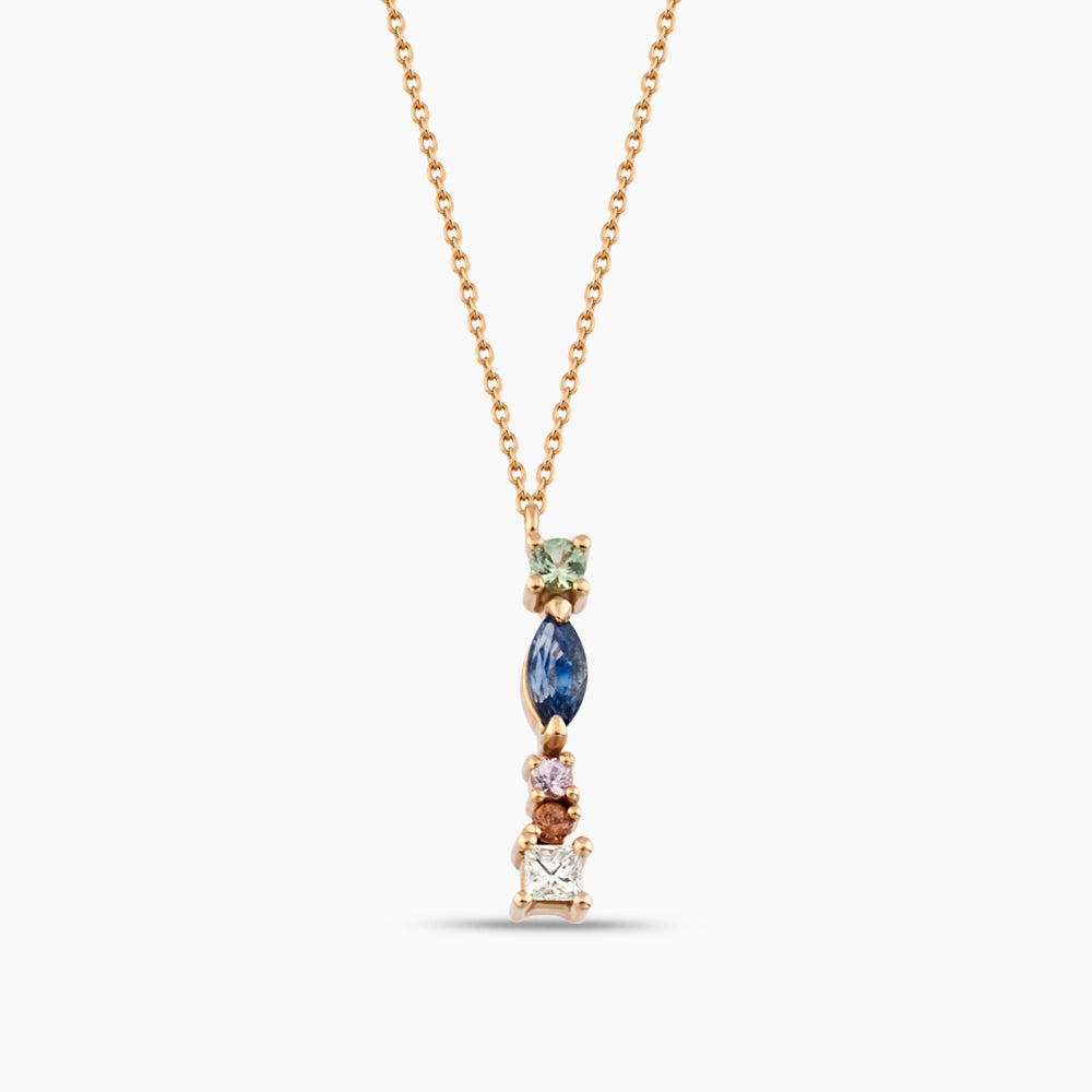 0.44 CT Brown Pırlanta ve Multicolor Safir Taşlı I Harf Kolye
