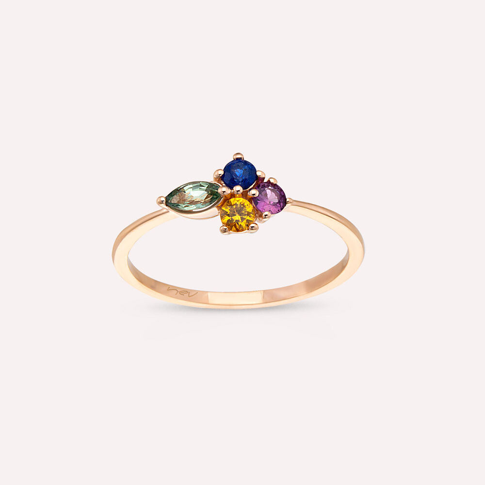 0.45 CT Markiz Kesim Multicolor Safir Taşlı Rose Altın Yüzük