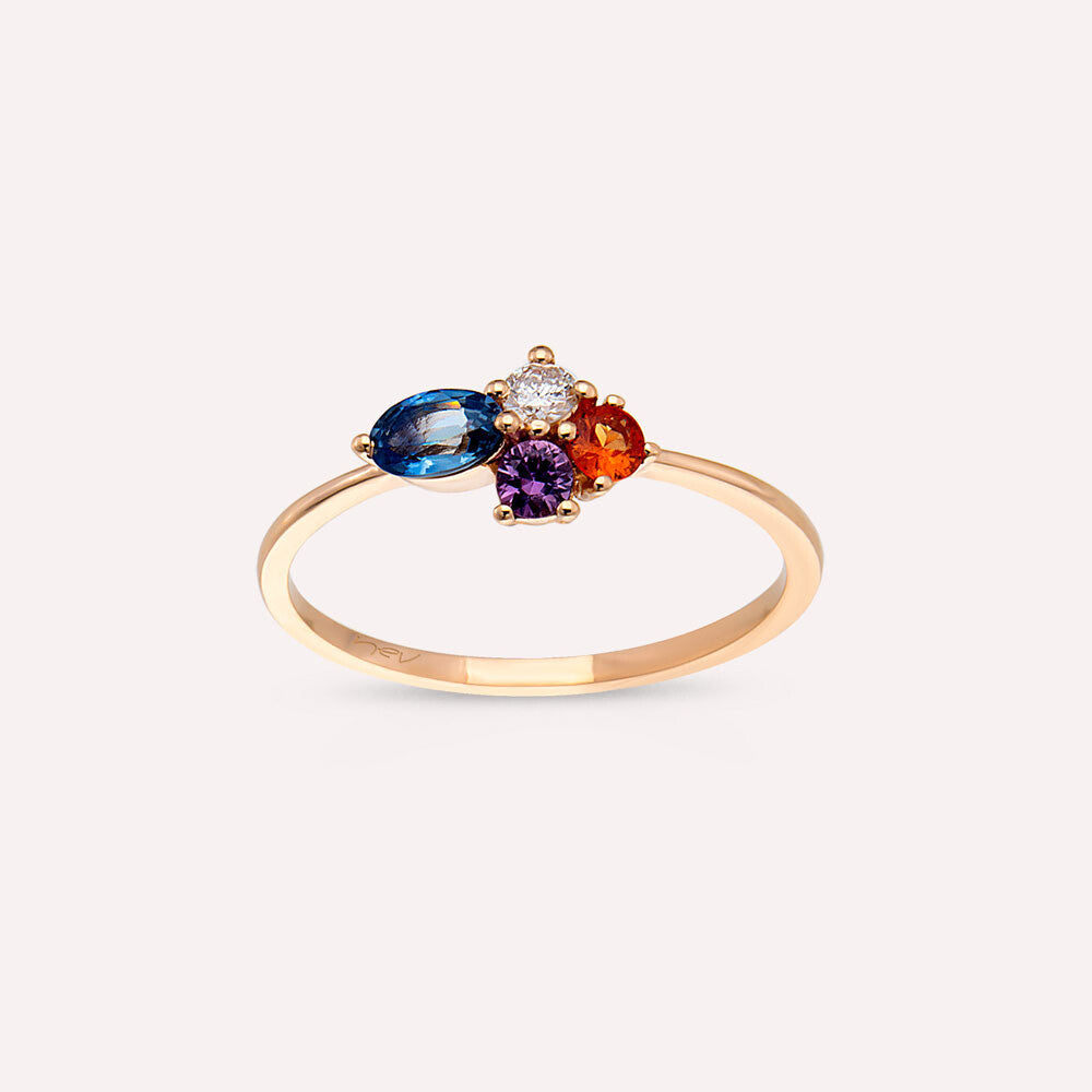 0.57 CT Multicolor Safir ve Pırlanta Taşlı Rose Altın Yüzük