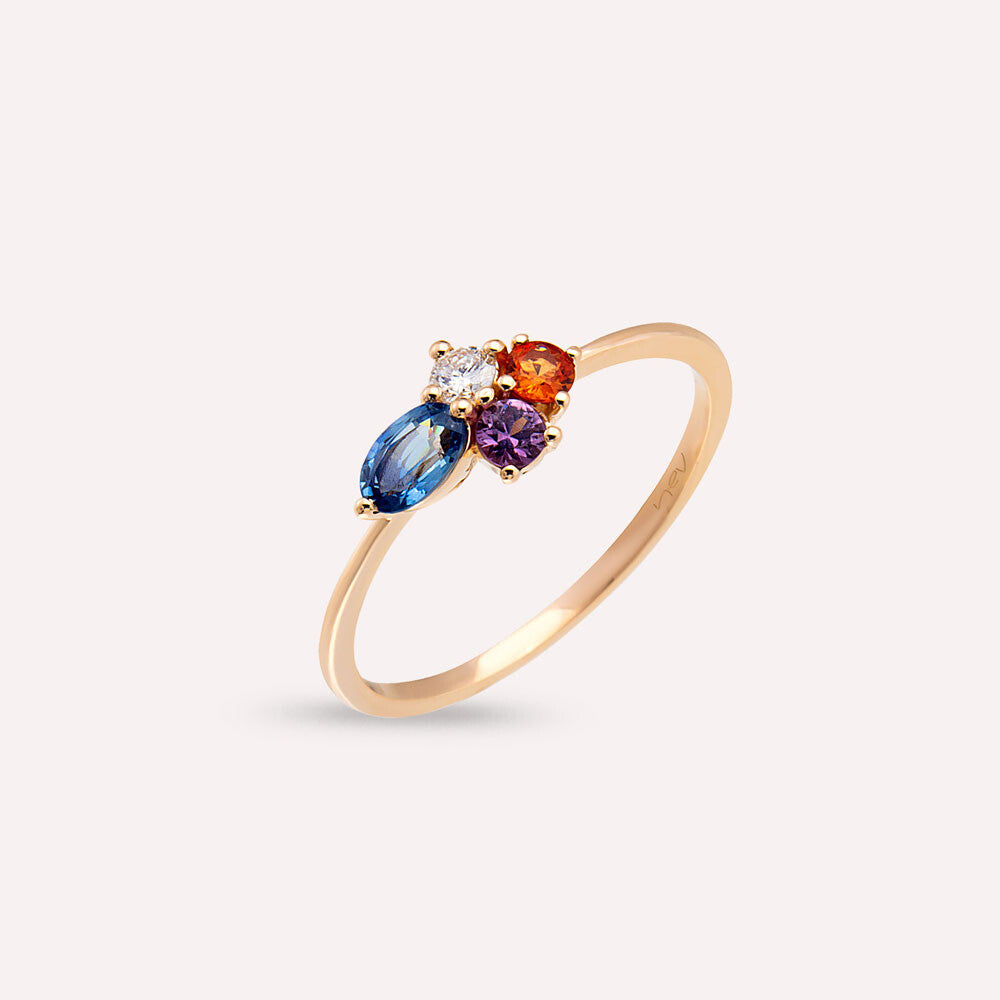 0.57 CT Multicolor Safir ve Pırlanta Taşlı Rose Altın Yüzük