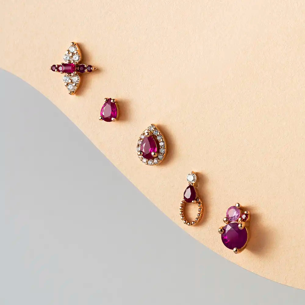 0.57 CT Yakut ve Multicolor Safir Taşlı Rose Altın Tek Küpe