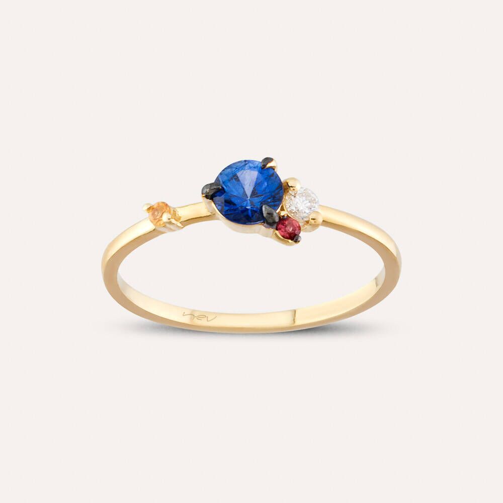 0.60 CT Multicolor Safir ve Pırlanta Taşlı Sarı Altın Yüzük