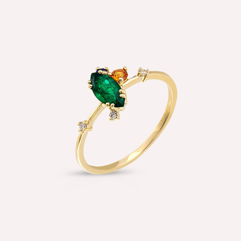 0.64 CT Multicolor Safir ve Zümrüt Taşlı Sarı Altın Yüzük