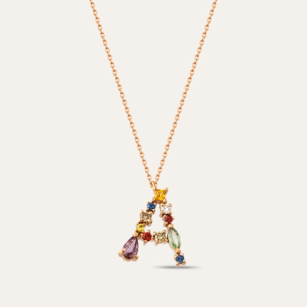 0.71 CT Brown Pırlanta ve Multicolor Safir Taşlı A Harf Kolye
