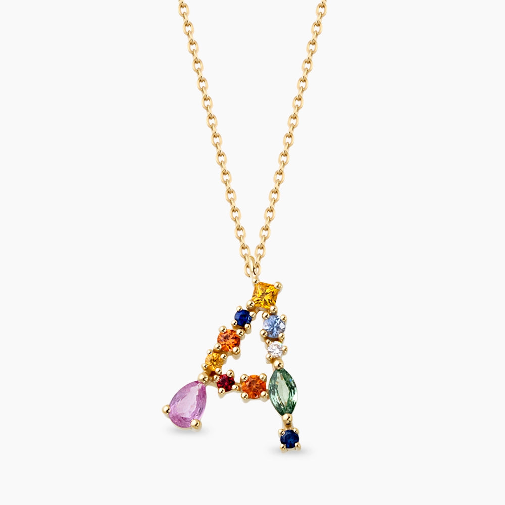 0.71 CT Brown Pırlanta ve Multicolor Safir Taşlı A Harf Kolye