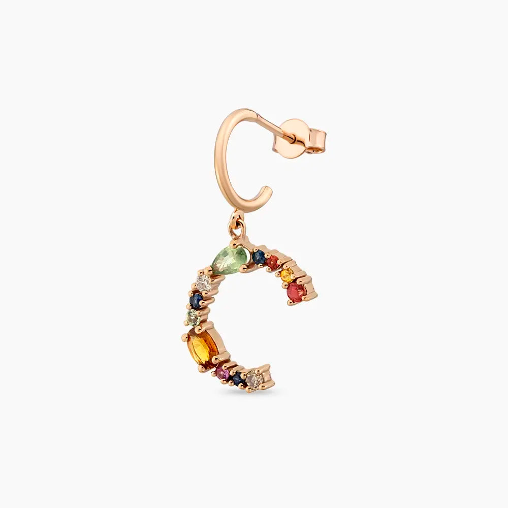0.74 CT Multicolor Safir ve Brown Pırlanta Taşlı C Harf Tek Küpe