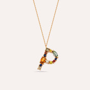 0.78 CT Brown Pırlanta ve Multicolor Safir Taşlı P Harf Kolye