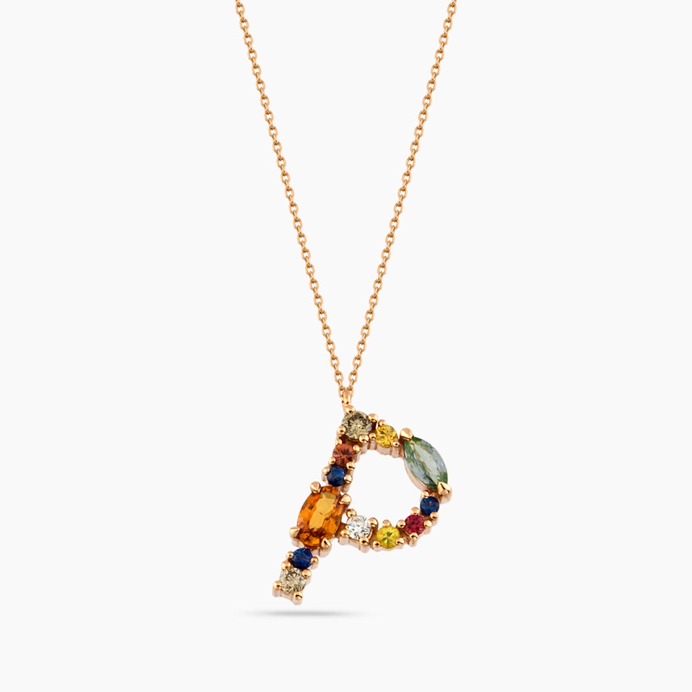 0.78 CT Brown Pırlanta ve Multicolor Safir Taşlı P Harf Kolye
