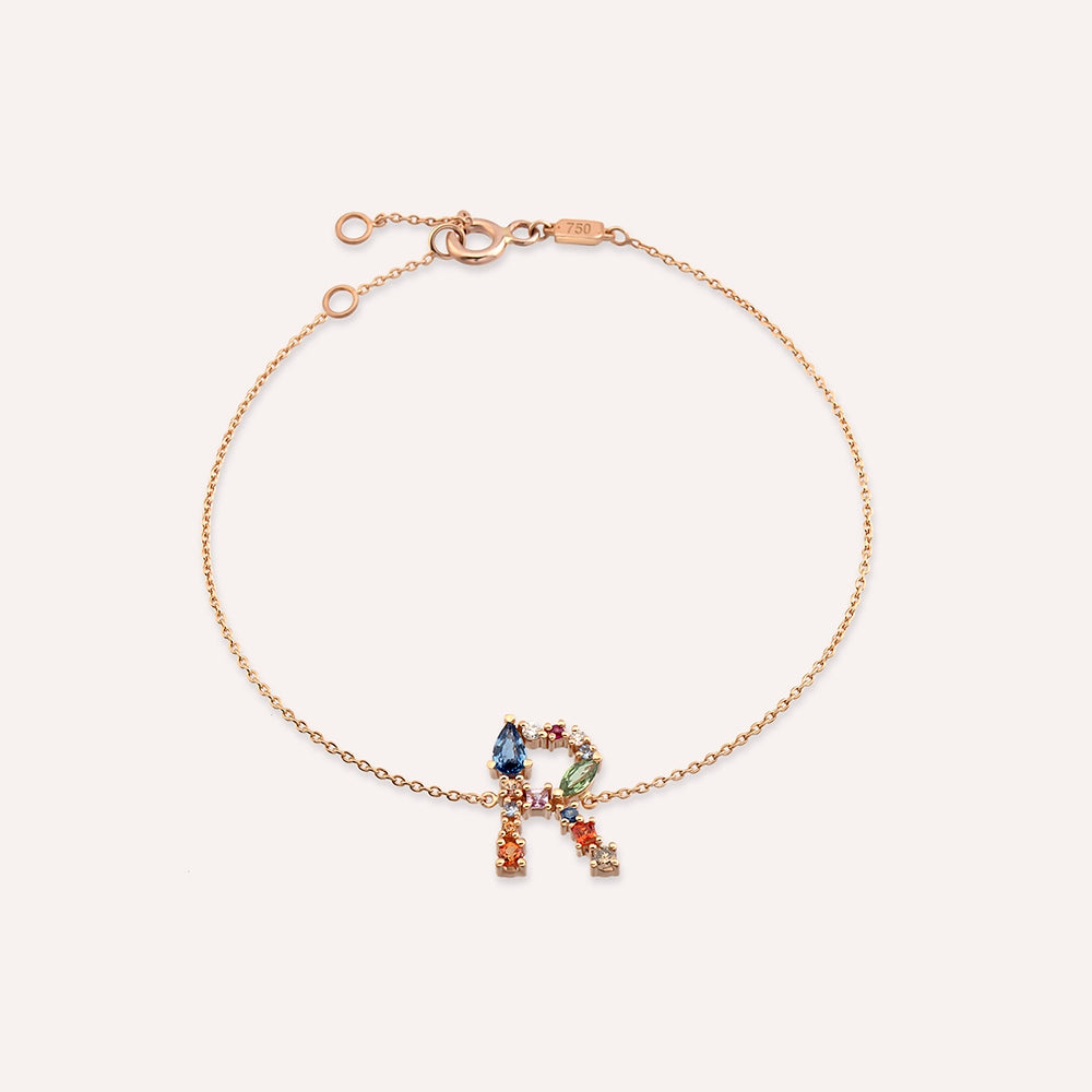 0.82 CT Brown Pırlanta ve Multicolor Safir Taşlı R Harf Bileklik
