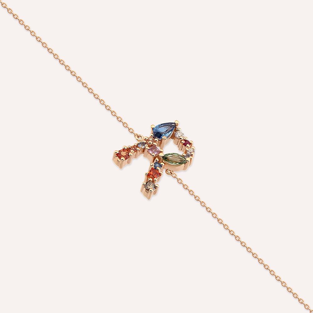 0.82 CT Brown Pırlanta ve Multicolor Safir Taşlı R Harf Bileklik