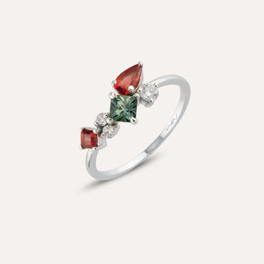 0.91 CT Multicolor Safir ve Pırlanta Taşlı Beyaz Altın Yüzük