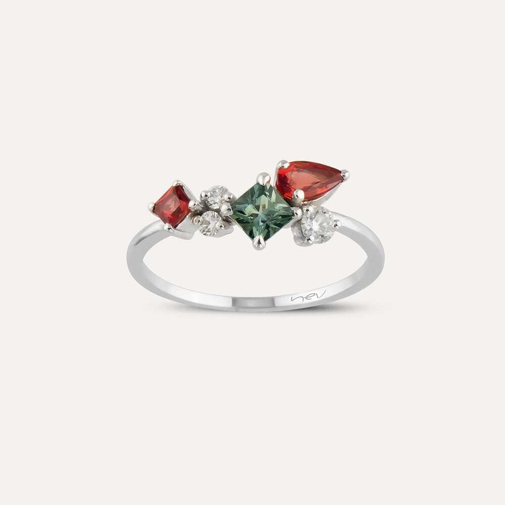 0.91 CT Multicolor Safir ve Pırlanta Taşlı Beyaz Altın Yüzük