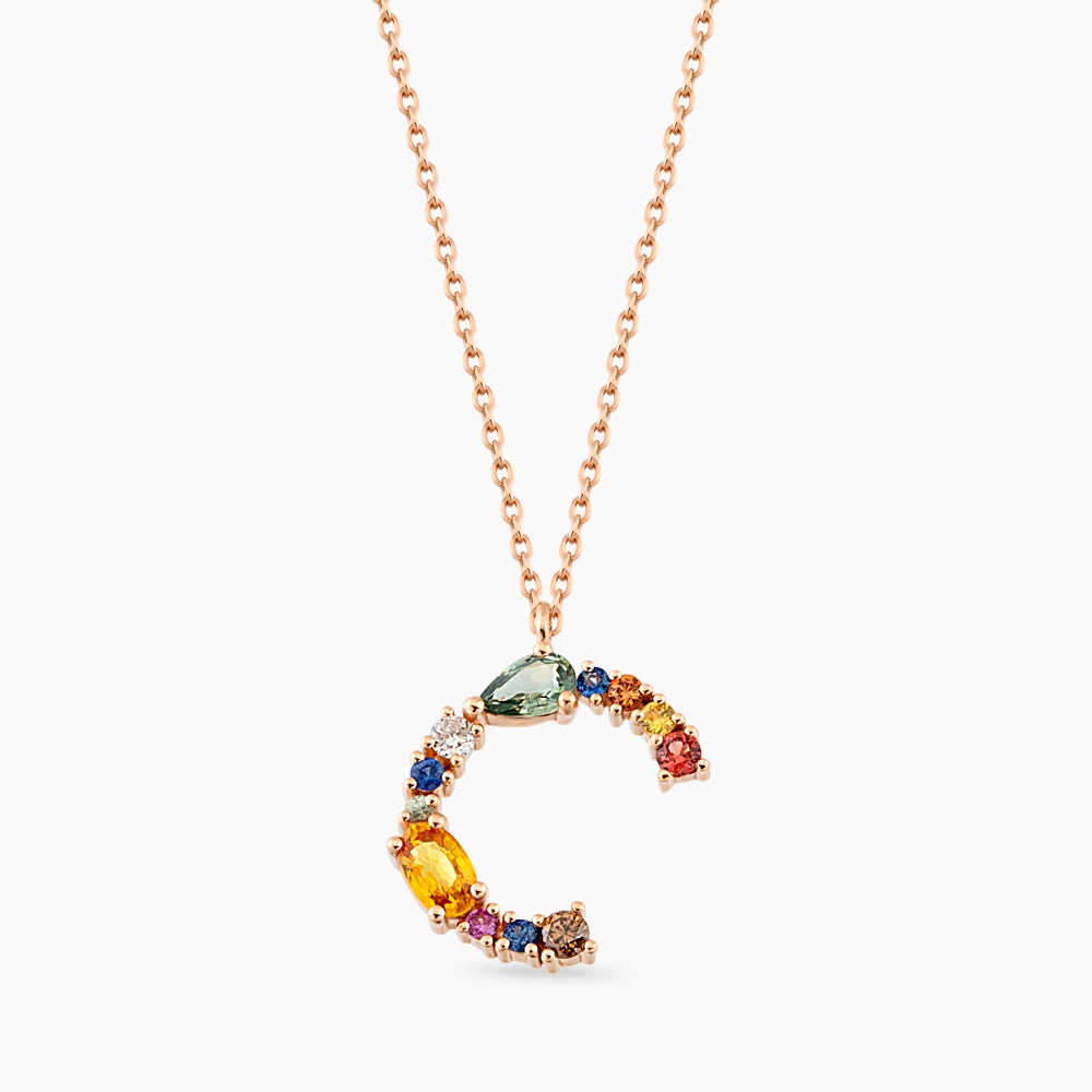 0.96 CT Brown Pırlanta ve Multicolor Safir Taşlı C Harf Kolye