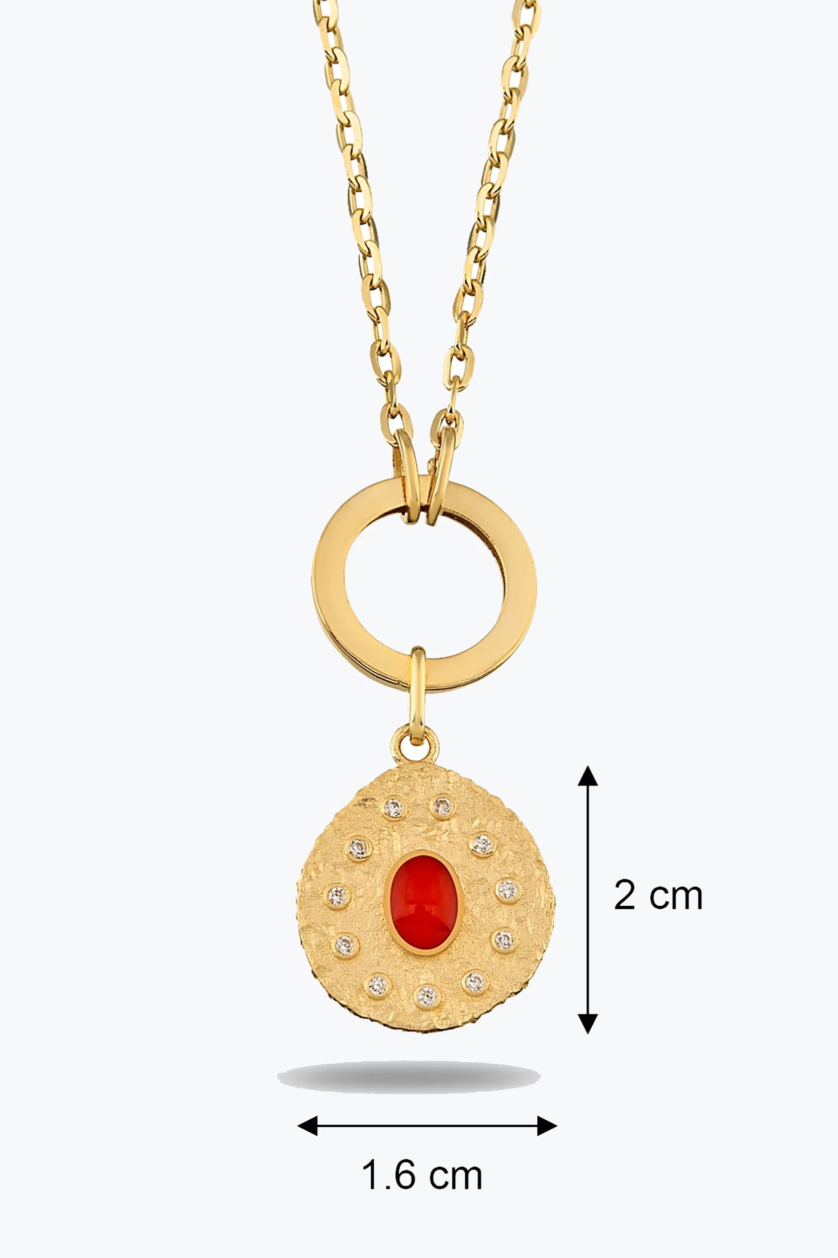 Oval Kırmızı Taşlı Asimetrik Madalyon Charm Kolye