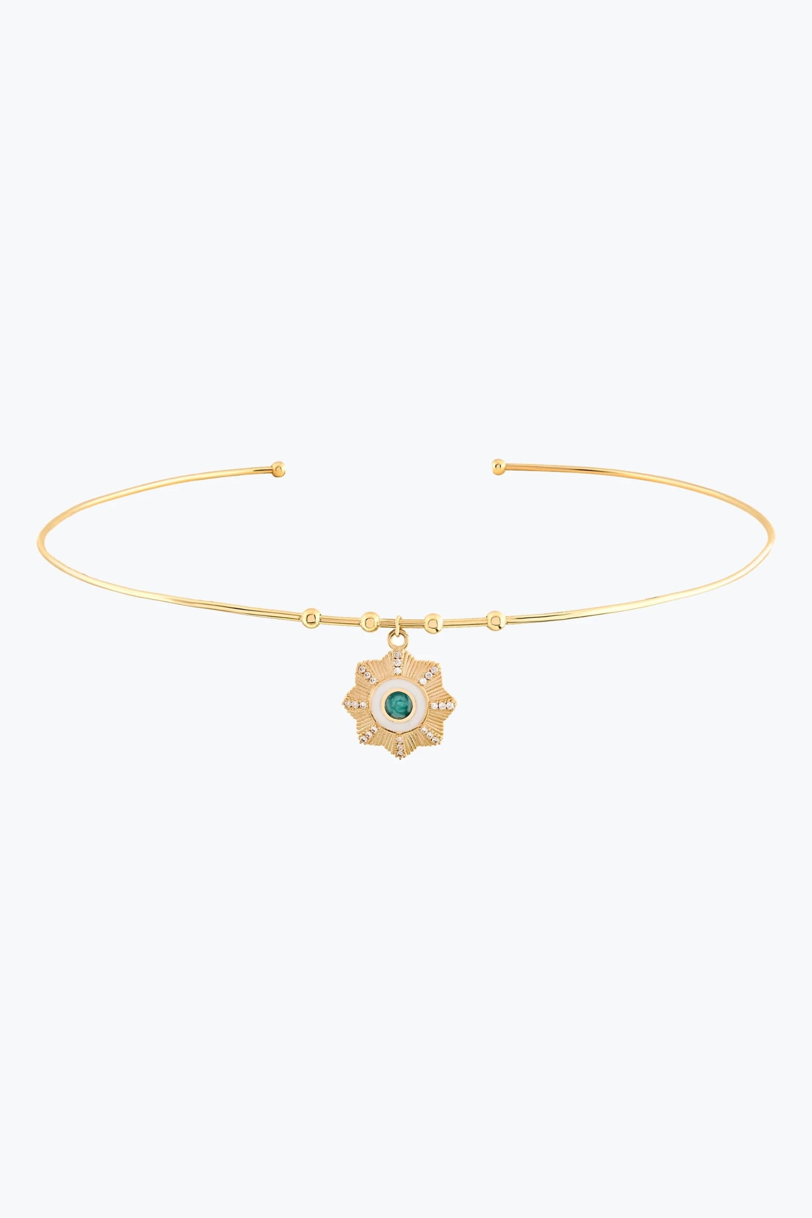 Yuvarlak Firuze Taşlı Çiçek Madalyon Uçlu Tel Choker