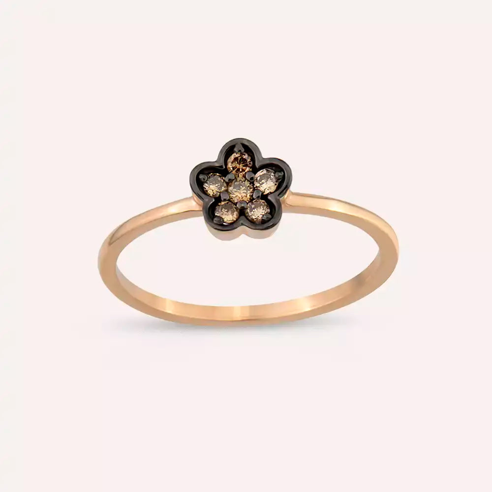 Elora 0.12 CT Brown Pırlanta Taşlı Rose Altın Çiçek Yüzük