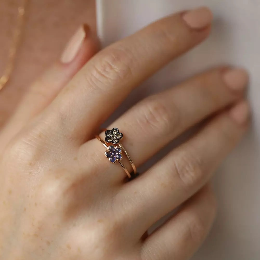 Elora 0.12 CT Brown Pırlanta Taşlı Rose Altın Çiçek Yüzük