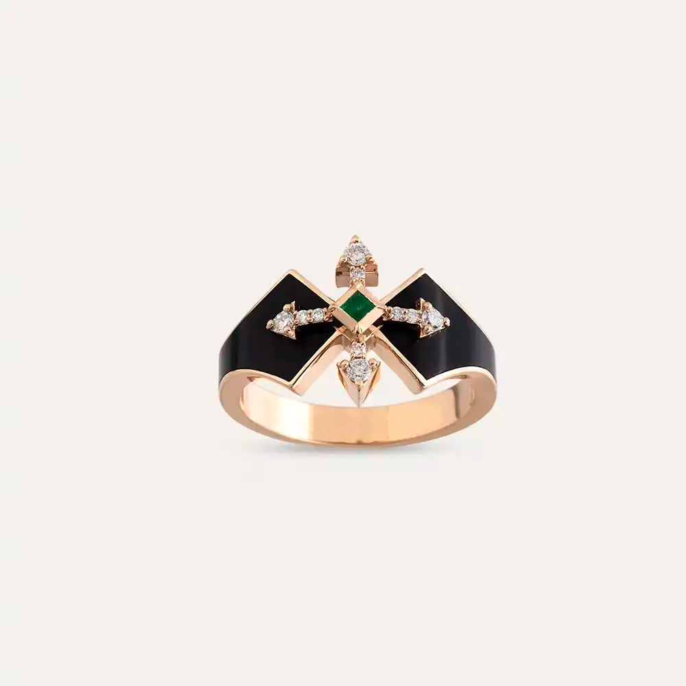 0.18 CT Zümrüt ve Pırlanta Taşlı Siyah Mineli Rose Altın Yüzük
