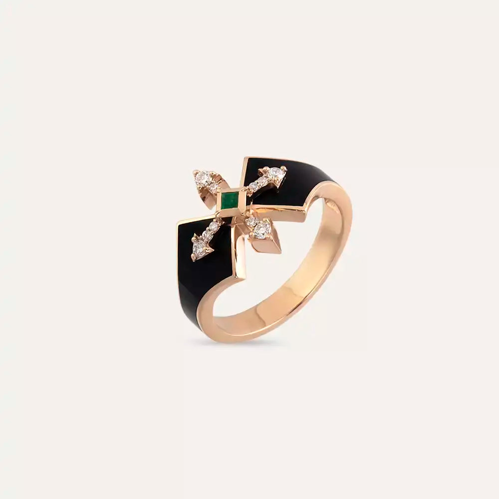 0.18 CT Zümrüt ve Pırlanta Taşlı Siyah Mineli Rose Altın Yüzük