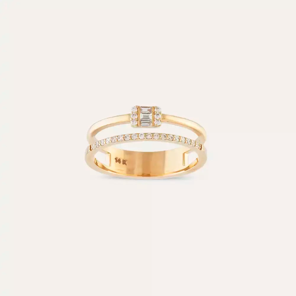 0.19 CT Baget Pırlanta Taşlı Yarımtur Çift Sıra Yüzük