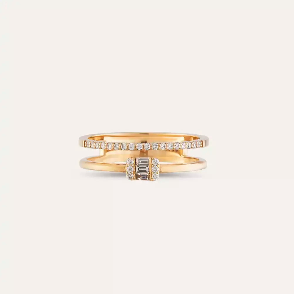 0.19 CT Baget Pırlanta Taşlı Yarımtur Çift Sıra Yüzük