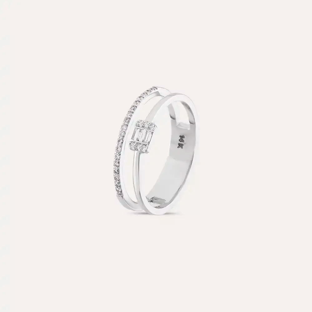 0.20 CT Baget Pırlanta Taşlı Yarımtur Çift Sıra Yüzük