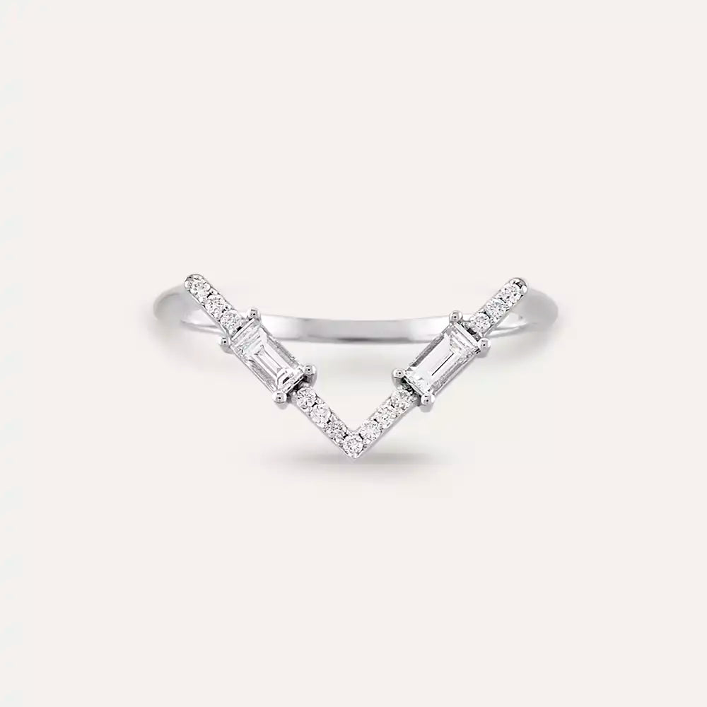 0.25 CT Baget Pırlanta Taşlı Beyaz Altın V Yüzük