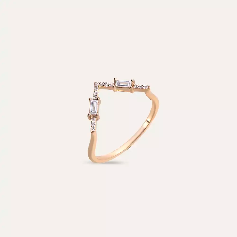 0.25 CT Baget Pırlanta Taşlı Rose Altın V Yüzük