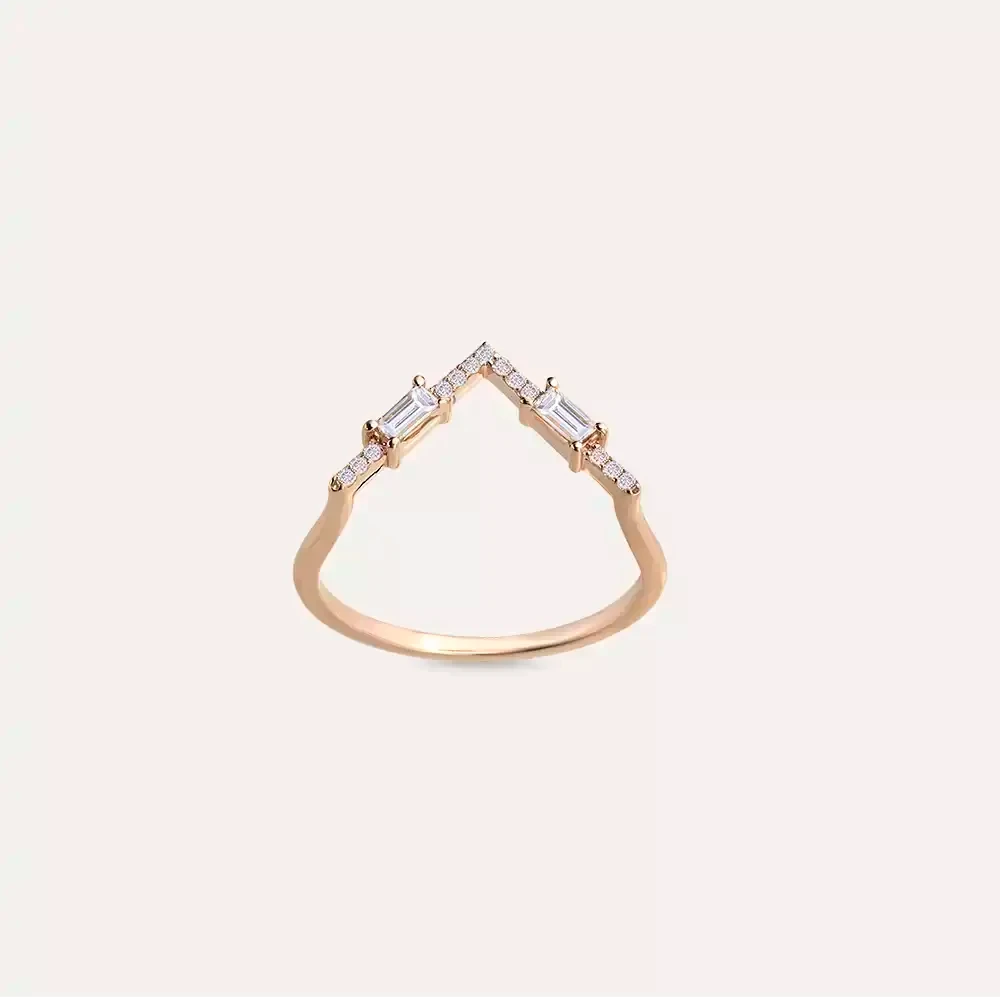 0.25 CT Baget Pırlanta Taşlı Rose Altın V Yüzük