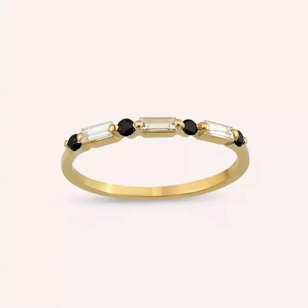 0.25 CT Siyah Pırlanta ve Baget Pırlanta Taşlı Sarı Altın Yüzük