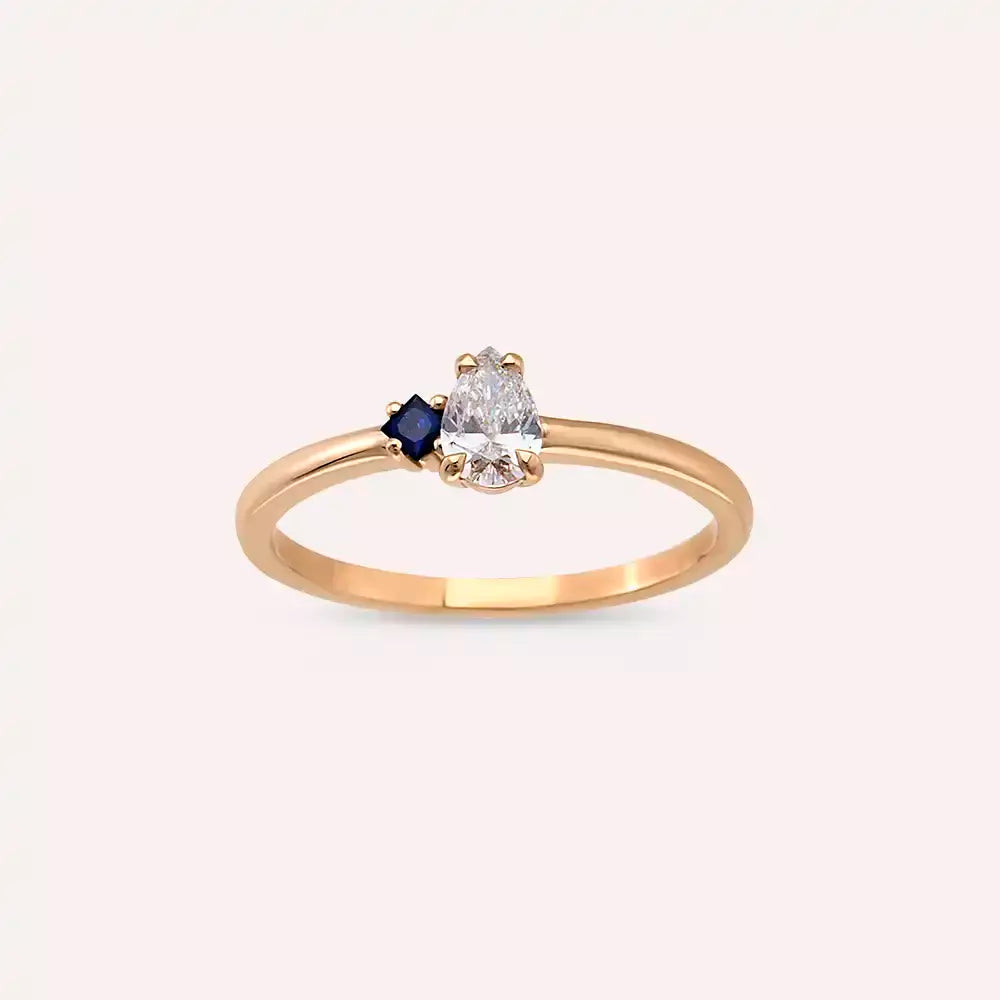 Deep 0.35 CT Damla Kesim Pırlanta ve Safir Taşlı Rose Altın Yüzük
