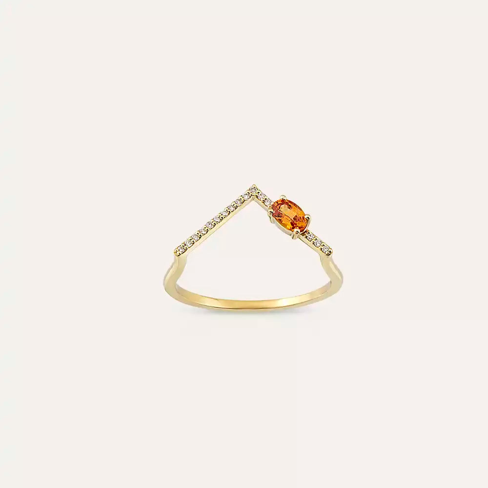 0.35 CT Orange Safir ve Pırlanta Taşlı V Yüzük