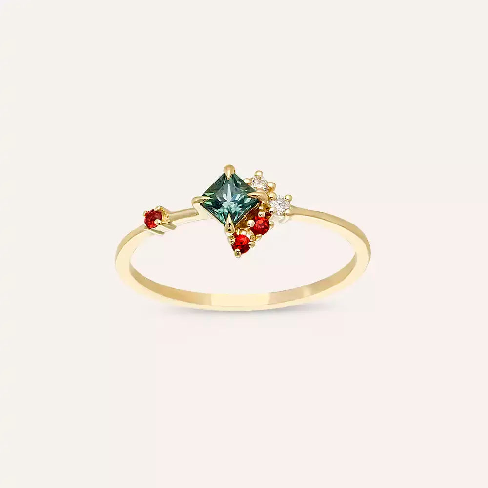 0.36 CT Multicolor Safir ve Pırlanta Taşlı Sarı Altın Yüzük