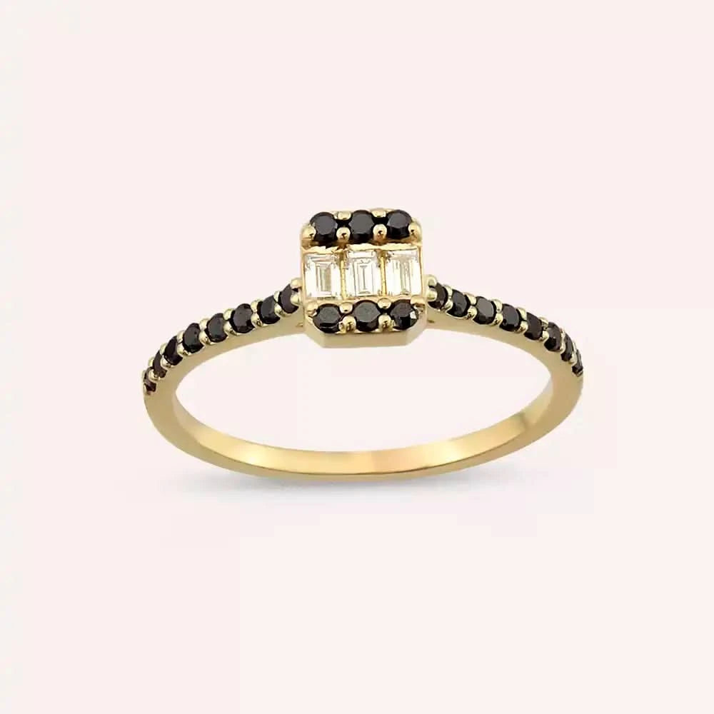 0.40 CT Siyah Pırlanta ve Baget Pırlanta Taşlı Sarı Altın Yüzük