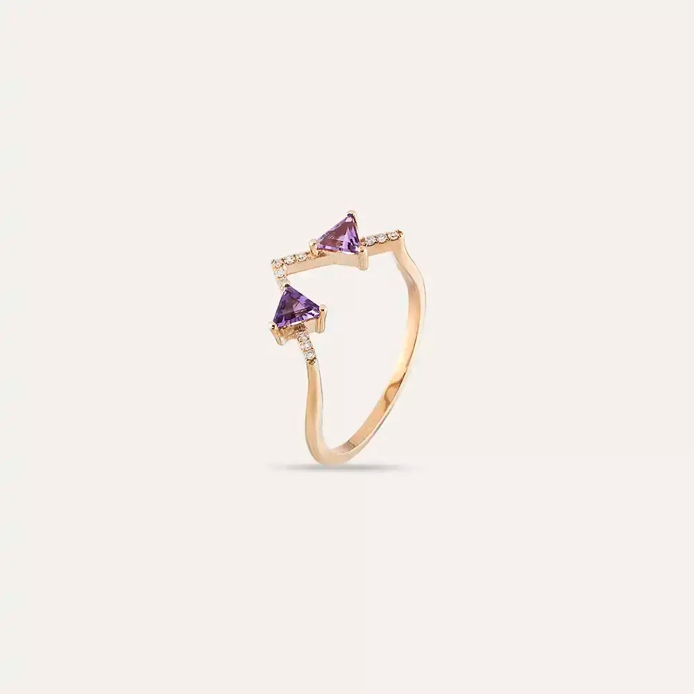 0.44 CT Pırlanta ve Ametist Taşlı Rose Altın V Yüzük