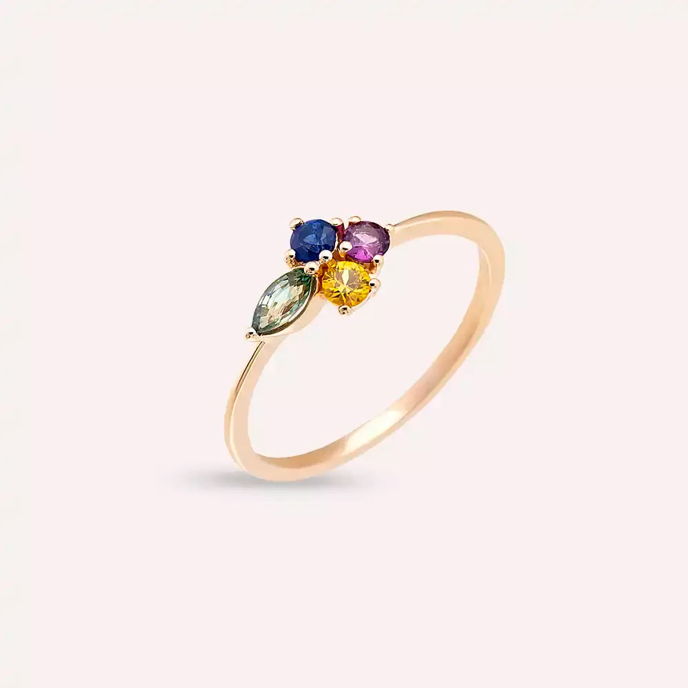 0.45 CT Markiz Kesim Multicolor Safir Taşlı Rose Altın Yüzük