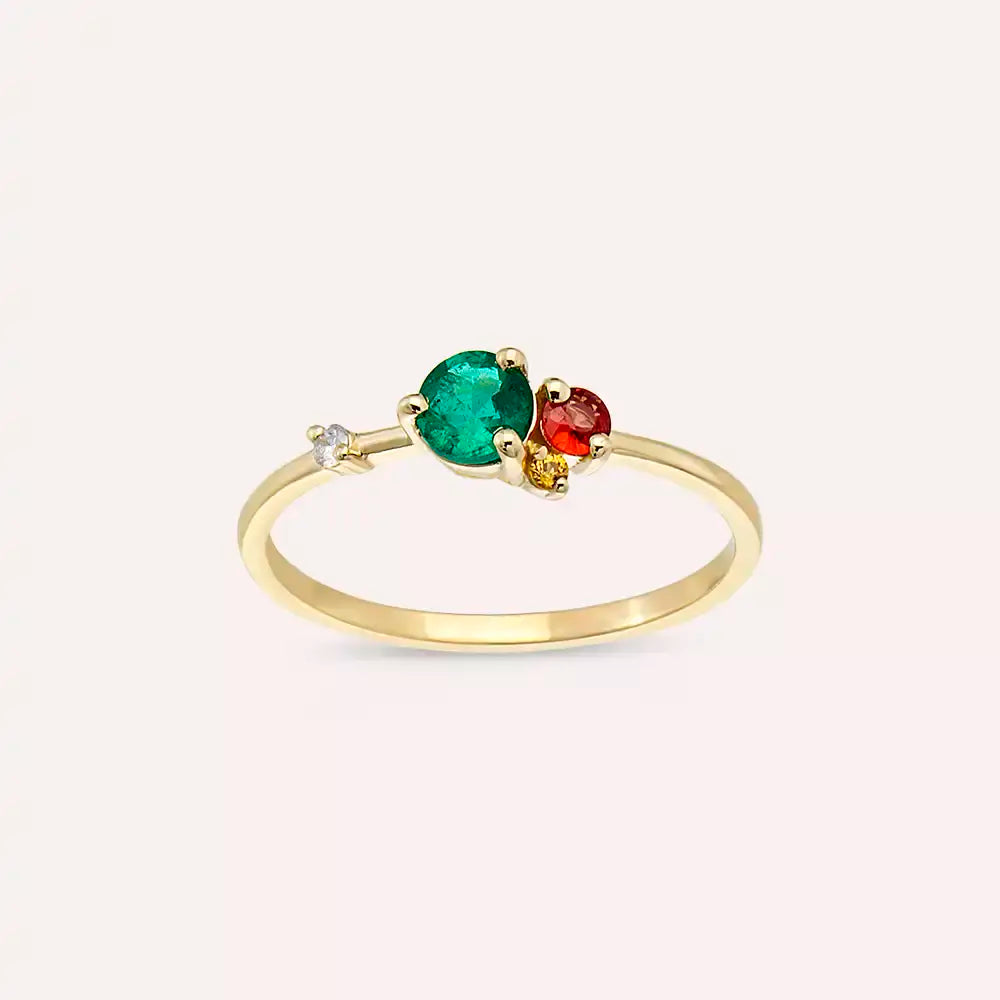 0.47 CT Zümrüt ve Multicolor Safir Taşlı Sarı Altın Yüzük