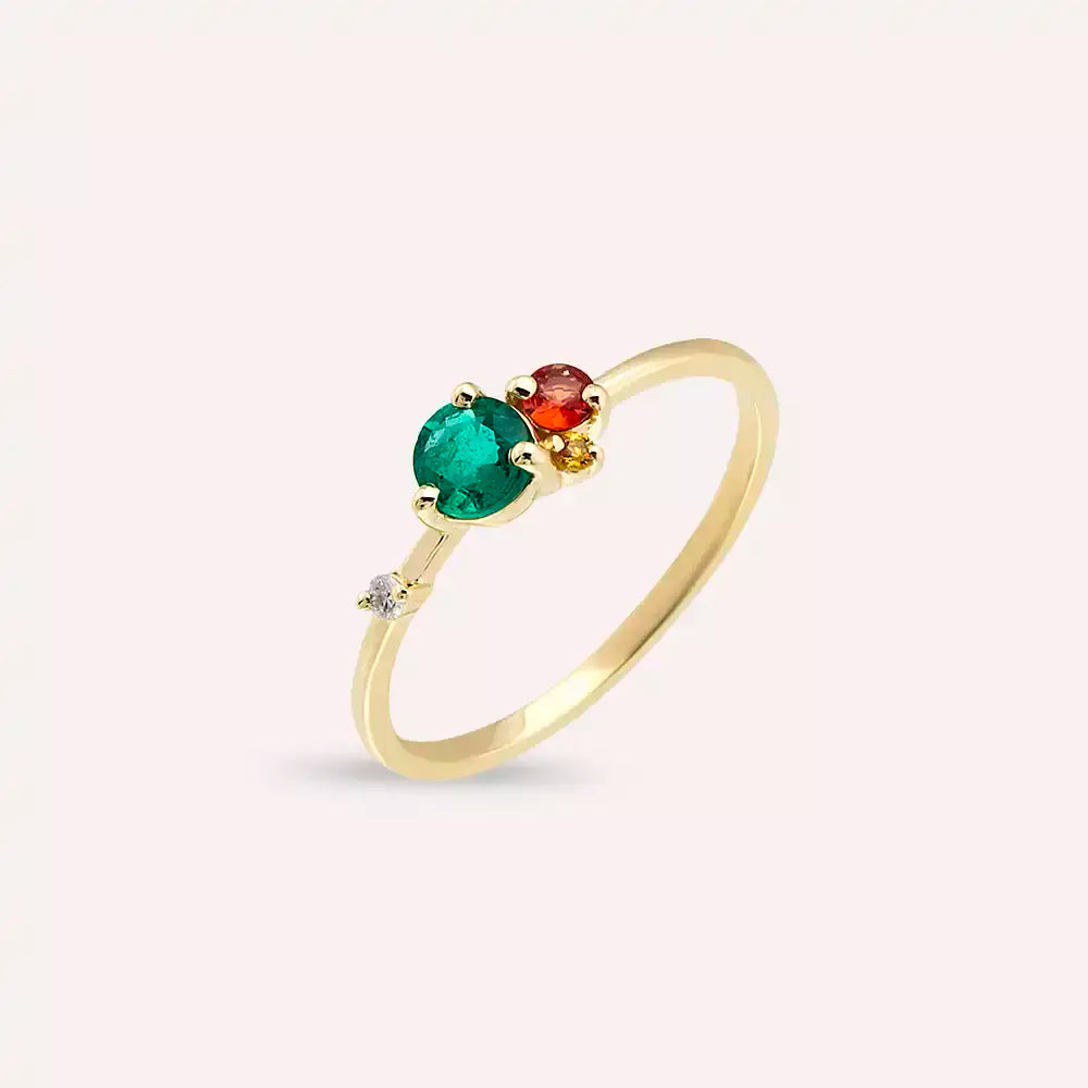 0.47 CT Zümrüt ve Multicolor Safir Taşlı Sarı Altın Yüzük