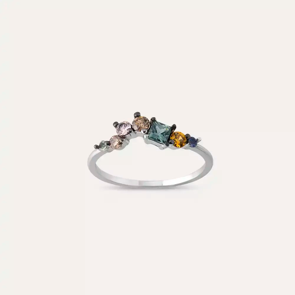 0.50 CT Brown Pırlanta ve Multicolor Safir Taşlı Beyaz Altın Yüzük