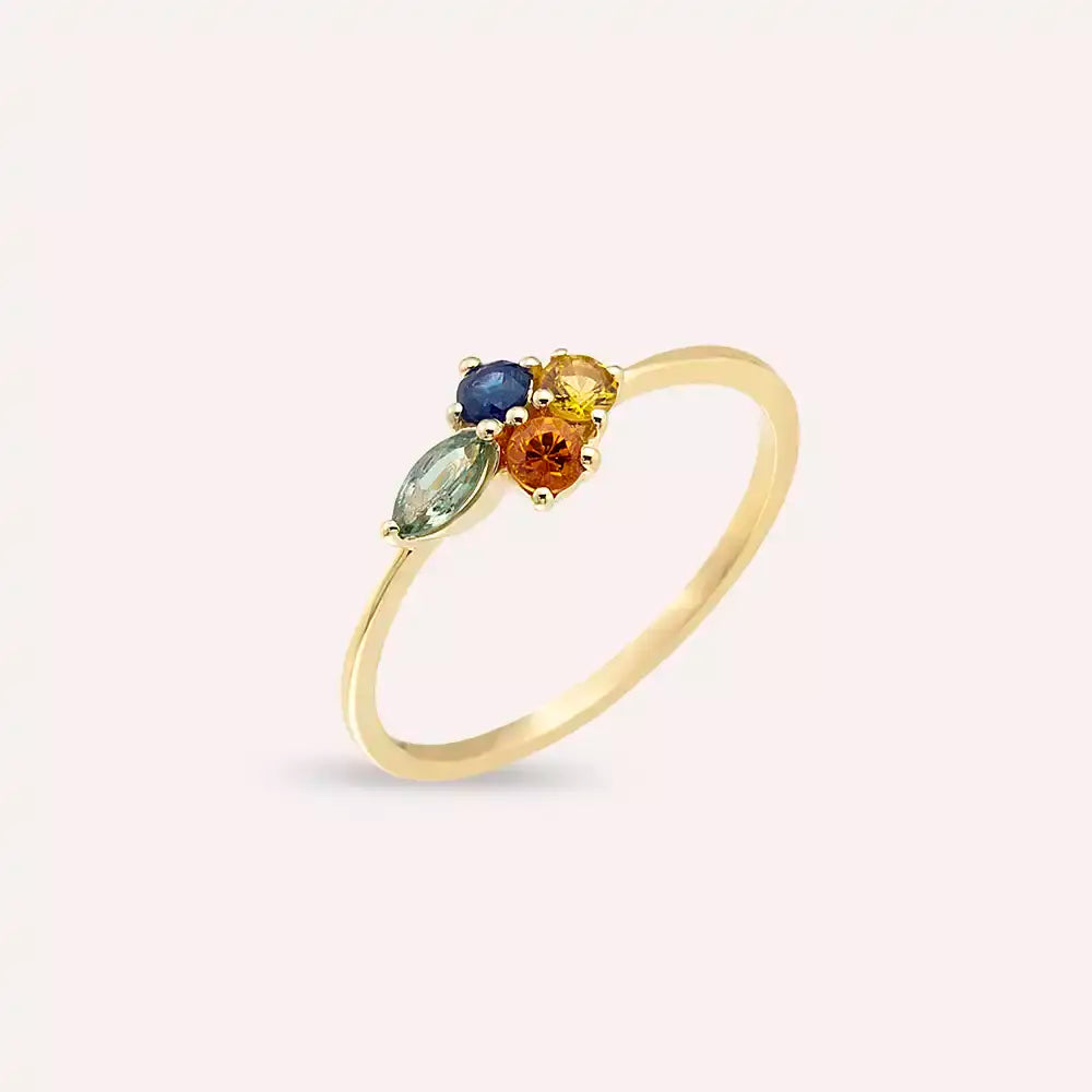 Zaria 0.55 CT Multicolor Safir Taşlı Sarı Altın Yüzük