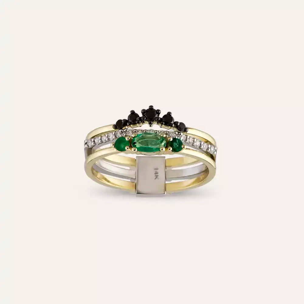 0.55 CT Zümrüt ve Siyah Pırlanta Taşlı Çoklu Yüzük