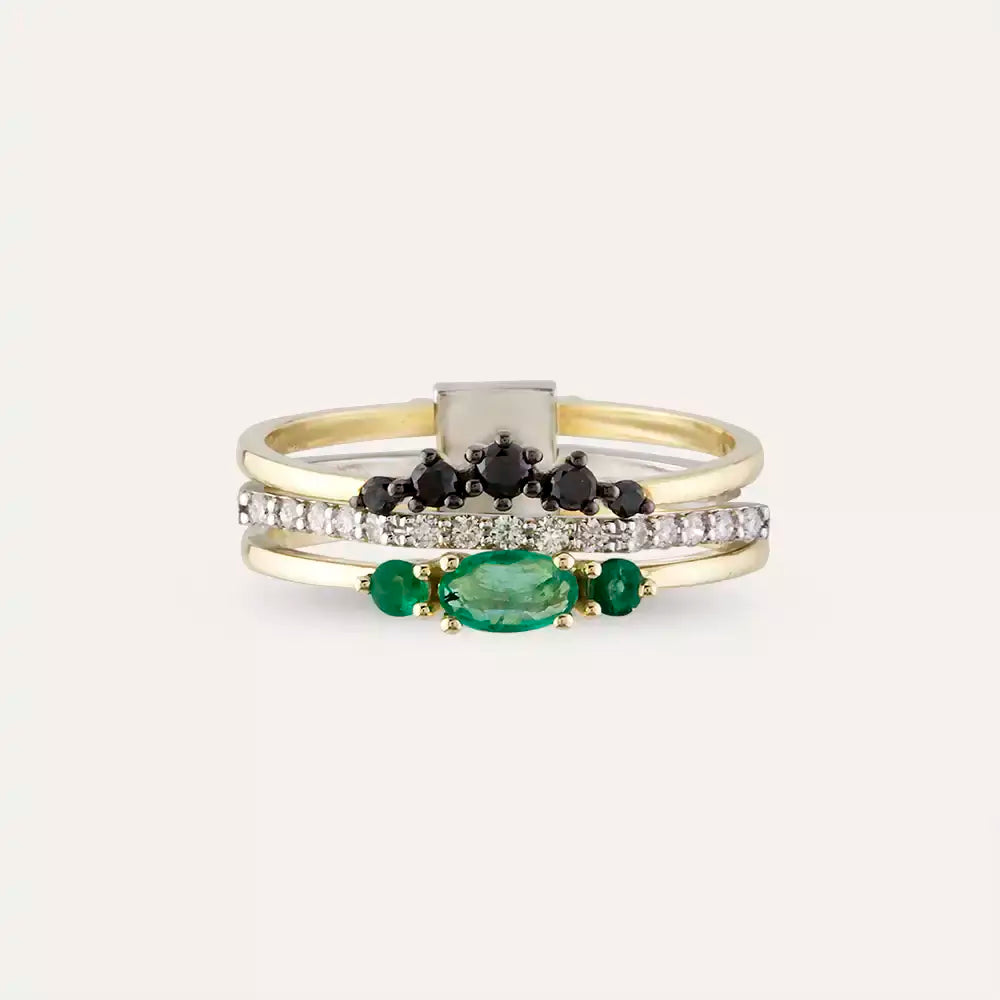 0.55 CT Zümrüt ve Siyah Pırlanta Taşlı Çoklu Yüzük