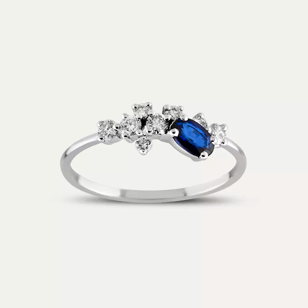 0.58 CT Oval Kesim Safir ve Pırlanta Taşlı Beyaz Altın Yüzük