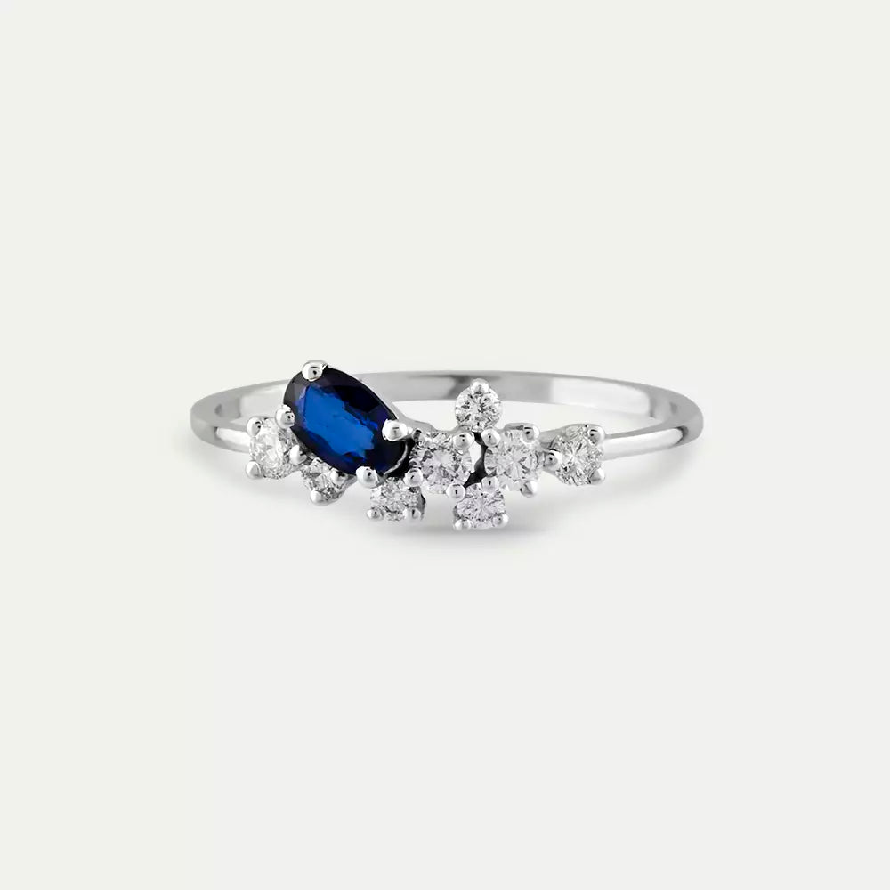 0.58 CT Oval Kesim Safir ve Pırlanta Taşlı Beyaz Altın Yüzük