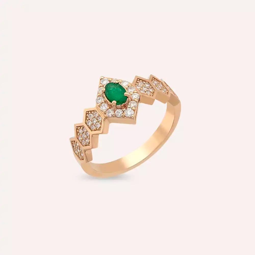 Elowen 0.59 CT Zümrüt ve Pırlanta Taşlı Rose Altın Yüzük