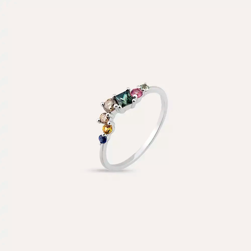 Violet 0.60 CT Multicolor Safir ve Brown Pırlanta Taşlı Beyaz Altın Yüzük