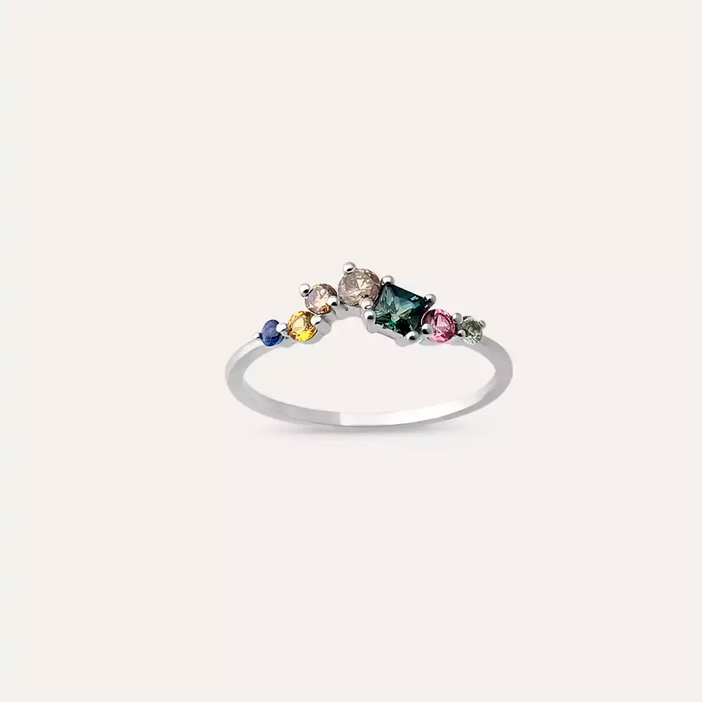 0.60 CT Multicolor Safir ve Brown Pırlanta Taşlı Beyaz Altın Yüzük