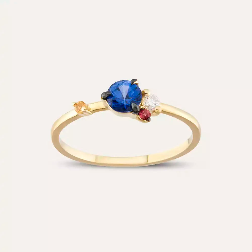 Douce 0.60 CT Multicolor Safir ve Pırlanta Taşlı Sarı Altın Yüzük