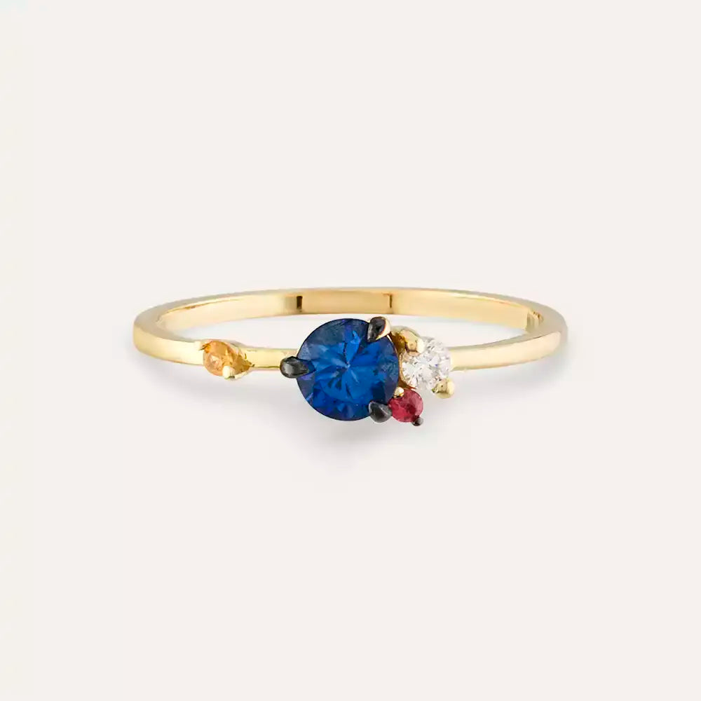 Douce 0.60 CT Multicolor Safir ve Pırlanta Taşlı Sarı Altın Yüzük